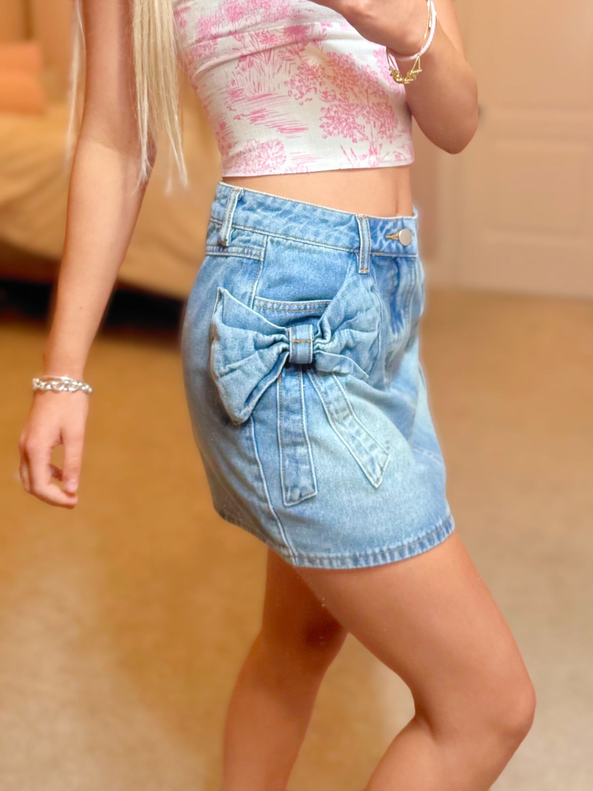 Bow Knot Pocket Denim Mini Skirt
