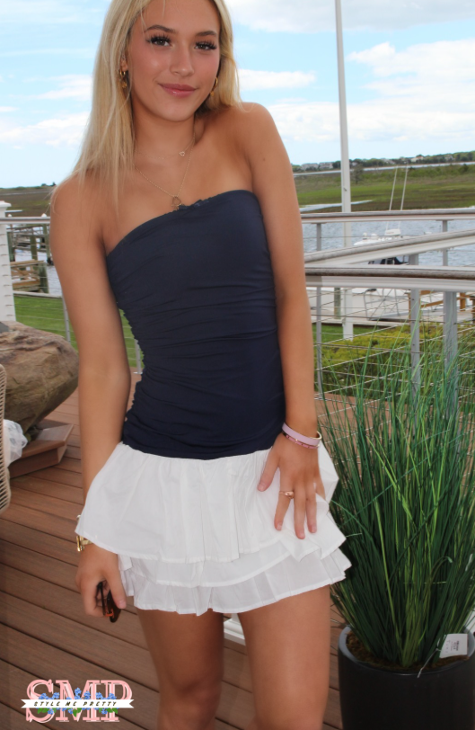 Navy Blue White Ruffle Bottom Classy Strapless Mini Dress