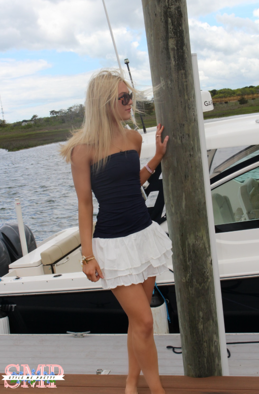 Navy Blue White Ruffle Bottom Classy Strapless Mini Dress