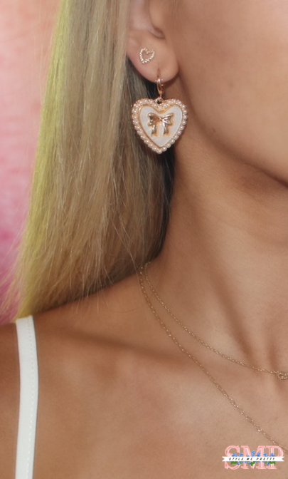 Ribbon on Heart Huggie Pearl Earrings