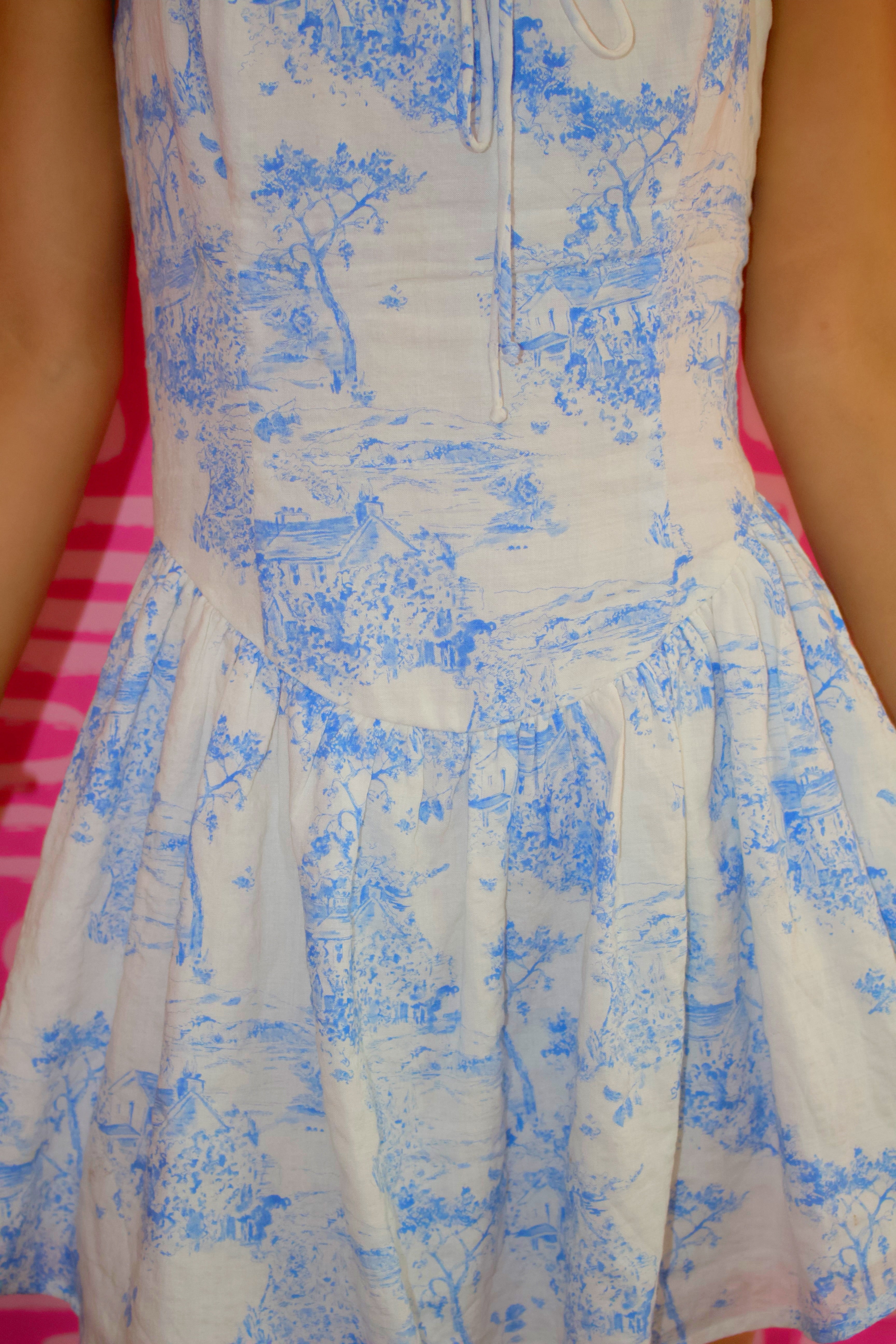 Light Blue and White Tree Print Tie Strap and Flare Mini Dress