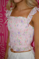 Light Pink Textured Gauze Floral Ruffle Top