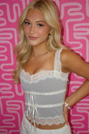 Light Grey Double Tiered Lace, Lace Tied Cropped Cami Top