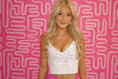 White and Pink Motion Ribbon Print V Neckline Tank Top