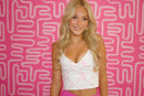 White and Pink Motion Ribbon Print V Neckline Tank Top