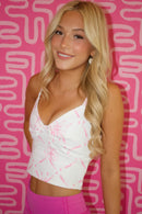 White and Pink Motion Ribbon Print V Neckline Tank Top