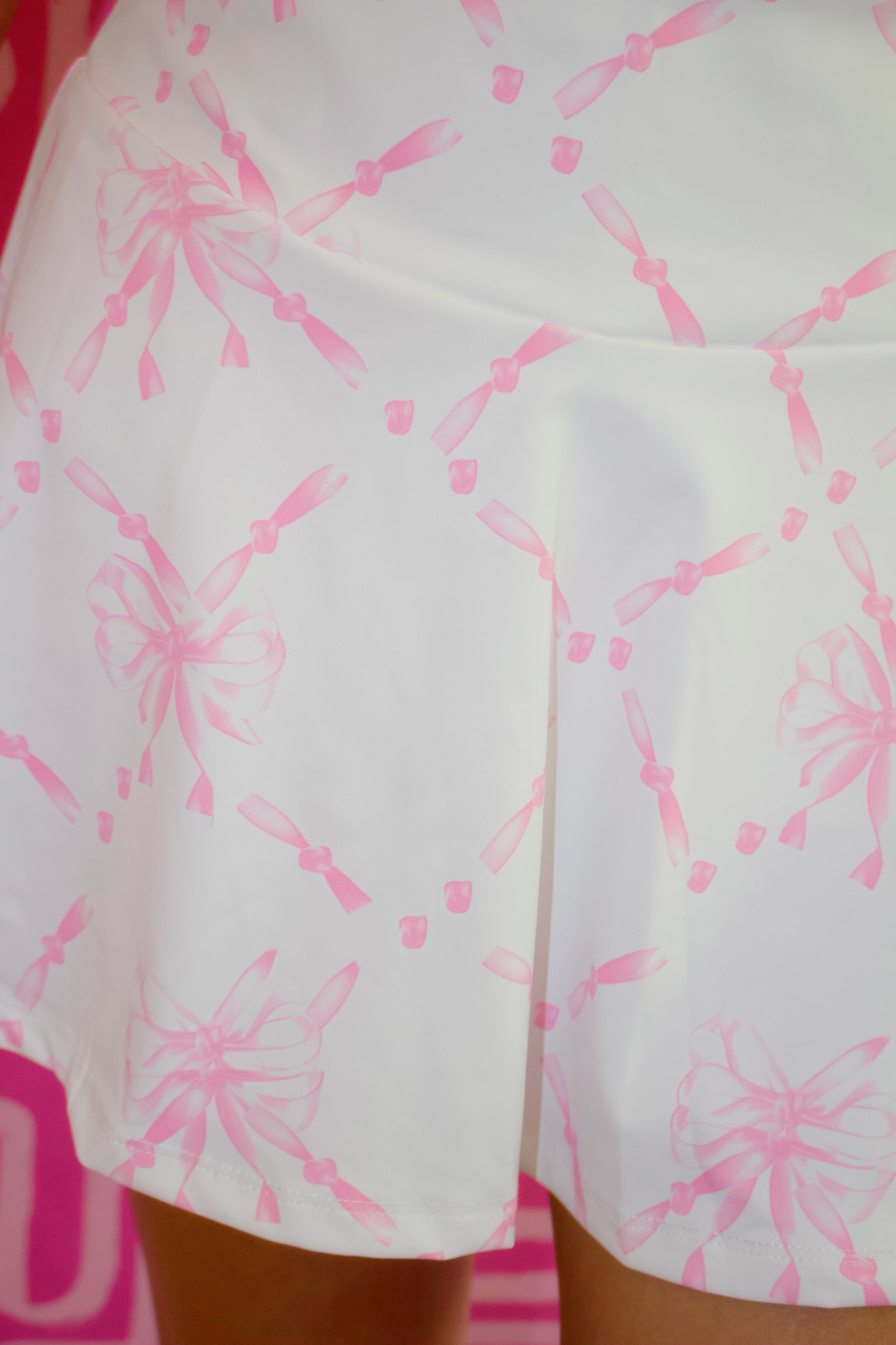 White and Light Pink Motion Ribbon Print Bow Detail Athleisure Skirt