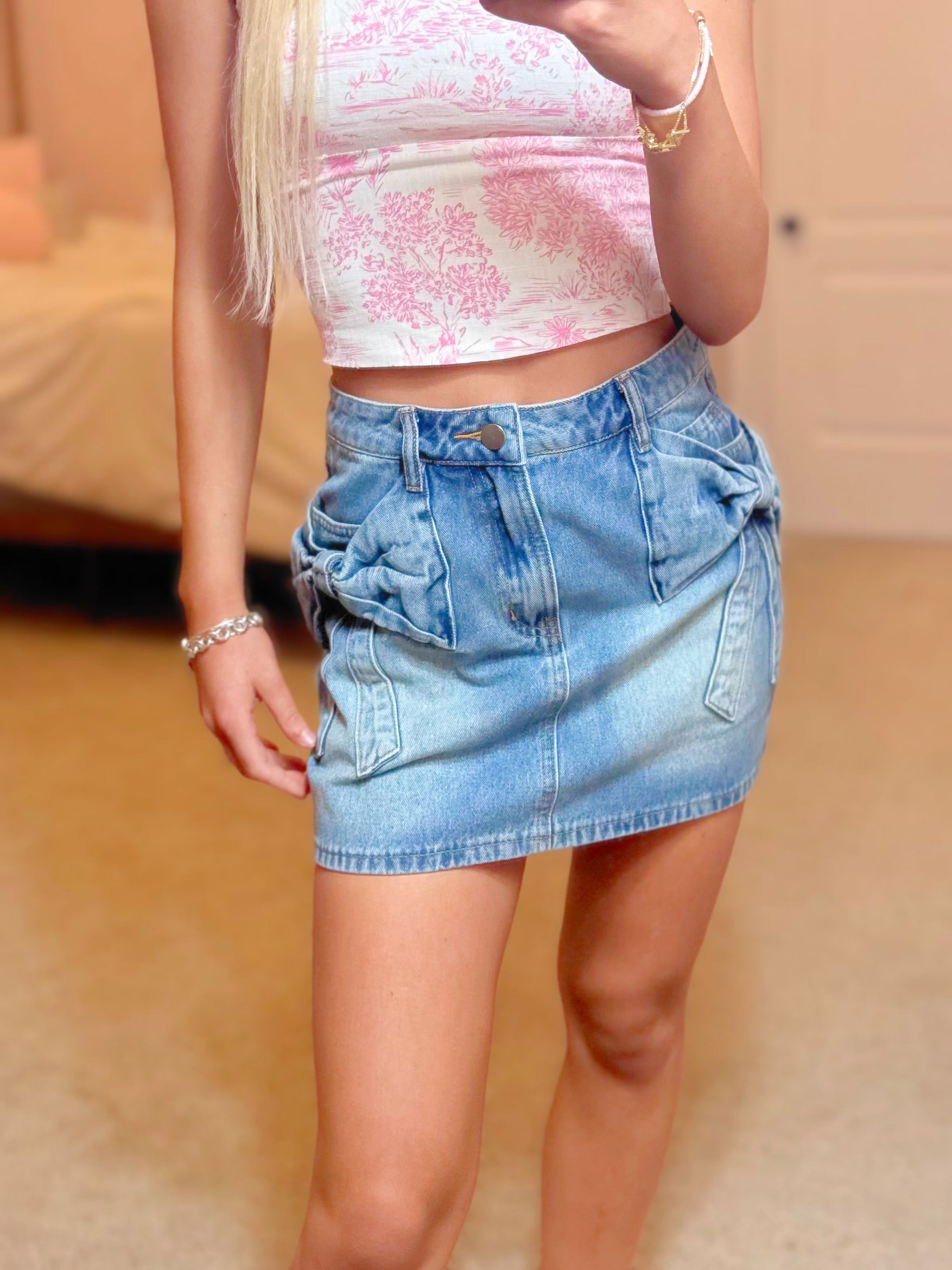 Bow Knot Pocket Denim Mini Skirt