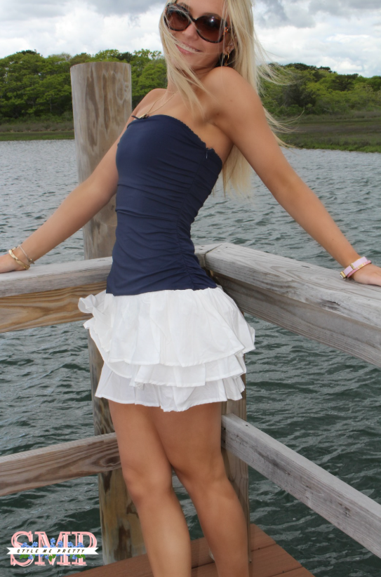 Navy Blue White Ruffle Bottom Classy Strapless Mini Dress